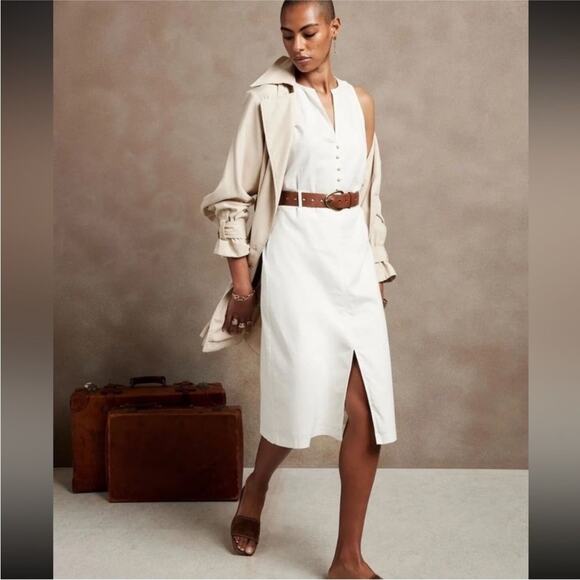 Banana Republic Off White Linen Cotton Belted Sleeveless Midi Dress Size 4 - Picture 1 of 13